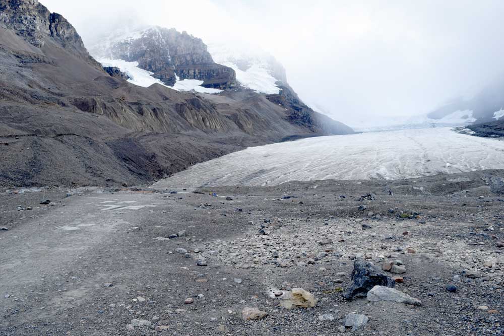 The Athabasca Glacier, a part of the Columbia Icefields in Alberta, Canada, is receding on an average of 16 feet per year.