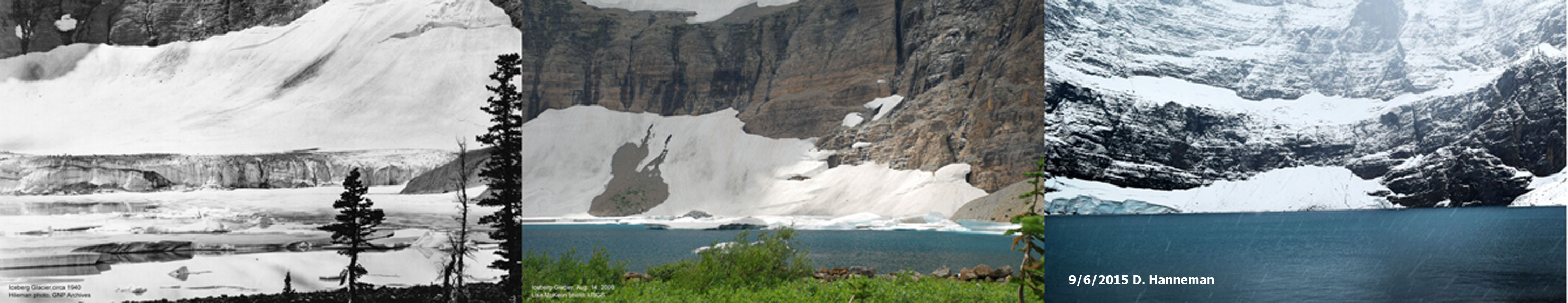 Comparisons of the Iceberg Glacier from 1940 to 2015. The photo on the left is a circa 1940 Hileman photo. GNP Archives; the center photo is a 8/14/2008 photo by Lisa McKeon, USGS, and the photo on the right is a 9/6/2015 photo by Debra Hanneman.