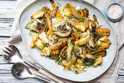 Char-grilled fennel and carrot salad with champagne vinegar, tarragon and fried haloumi