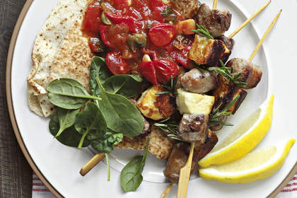 Lamb and haloumi skewers with fast tomato sugo.