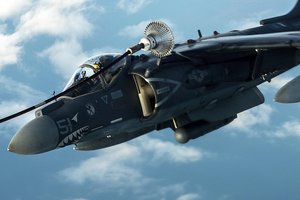 A U.S. Marine Corps AV-8B Harrier II receives fuel over Iraq while supporting Operation Inherent Resolve, Dec. 31, 2015.