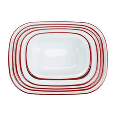 Enamel Pie Set, Red - From a British company that has been making enamelware since the 1920s, this classic set contains 5 loaf or pot pie shaped baking dishes. Red outside and white inside.