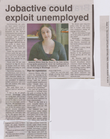 Report on Dole Action involvement in a community forum in Wonthaggi, from the South Gippsland Sentinel, 18 August.