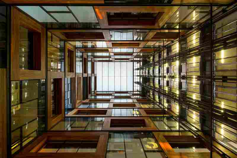 Another view from the inside of the UC Innovation Center. "A powerful structure from a distance, it is remarkably humane and inviting," the jury citation reads. "Through a reversal of convention, the building is an opaque concrete structure on the exterior and has a light filled glass atrium inside."