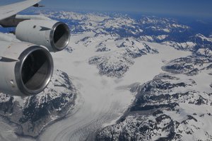 File - This spectacular view of a large glacier in British Columbia, Canada, was captured from NASA's DC-8 flying laboratory during one of the Active Sensing of CO2 Emissions over Nights, Days, and Seasons (ASCENDS II) atmospheric sampling instrument validation flights.