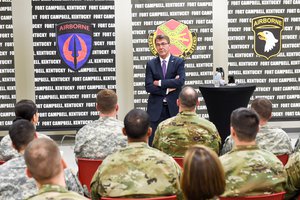 Secretary of Defense Ash Carter visits with soldiers at the Company Commander and First Sergeants Course on Fort Campbell, KY on Jan. 13, 2016.