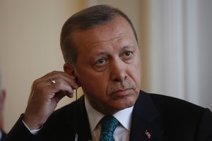 Turkish President Recep Tayyip Erdogan, addresses journalists during press conference in the Bosnian capital of Sarajevo, on Wednesday, May 20, 2015. Turkish President Erdogan is in one day visit to Bosnia.