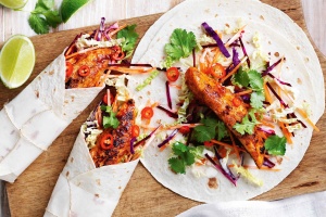 Fish burritos with beetroot slaw