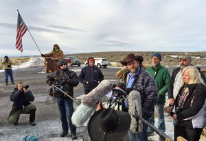 Ammon Bundy speaks to reporters at the Malheur National Wildlife Refuge in Burns, Ore., on Thursday, Jan. 14, 2016.