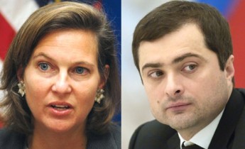 U.S. Assistant Secretary of State Victoria Nuland (L) and Vladislav Surkov, aide of Russian president Vladimir Putin