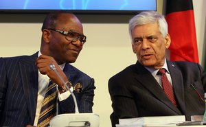 File - Nigeria's Minister of State for Petroleum Resources and President of the OPEC Conference Emmanuel Ibe Kachikwu, left, and OPEC's Secretary General Abdalla Salem El-Badri of Libya attend a news conference after a meeting of the Organization of the Petroleum Exporting Countries, OPEC, at their headquarters in Vienna, Austria, Friday, Dec. 4, 2015.