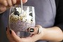 Chia seed pudding with organic almond milk, granola, blueberries and shaved coconut at Walk Don't Run cafe in Armadale.