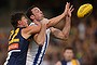 Callum Sinclair of the Eagles and Todd Goldstein of the Kangaroos contest. Getty Images