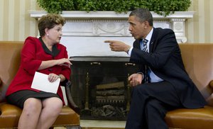 President Barack Obama meets with Brazil's President Dilma Rousseff , Monday, April 9, 2012, in the Oval Office of the White House in Washington.