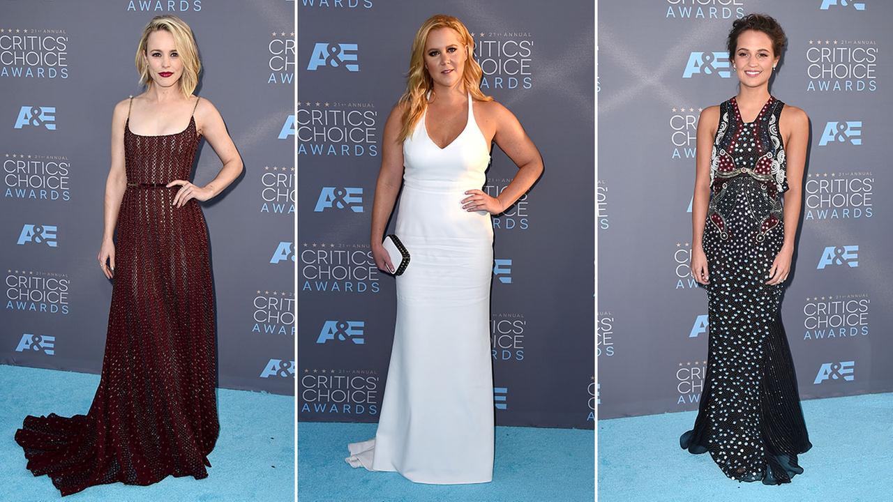 Rachel McAdams, Alicia Vikander and Amy Schumer arrive at the Critics Choice Awards on Sunday, Jan. 17, 2016.