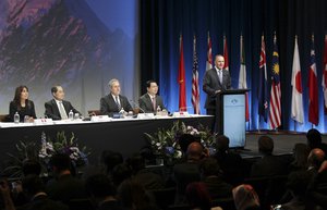 New Zealand Prime Minister John Key speaks to delegates at the Trans Pacific Partnership Agreement signing, SkyCity Conference Centre, Auckland, New Zealand, Thursday, Feb 4, 2016. (David Rowland/SNPA via AP) NEW ZEALAND OUT