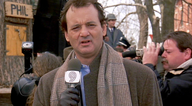 Bill Murray waits for Punxatawney Phil in GROUNDHOG DAY.