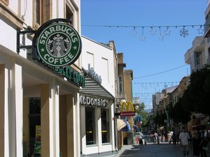 File - A Starbucks coffee shop is seen on Ledra Street in downtown Nicosia, Cyprus.