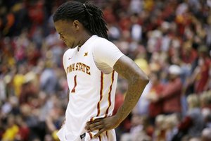 Iowa State forward Jameel McKay reacts at the end of an NCAA college basketball game against West Virginia, Tuesday, Feb. 2, 2016, in Ames, Iowa. West Virginia won 81-76.