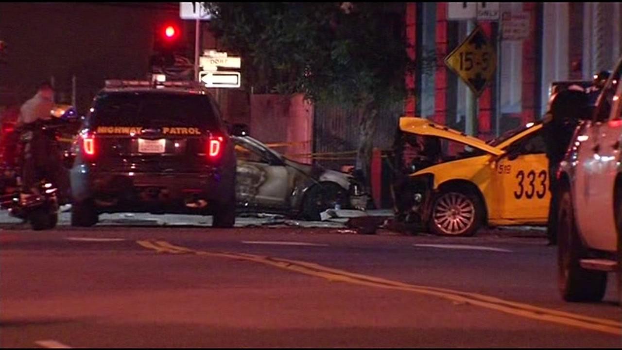 CHP cars surround a taxi and another car involved in a crash