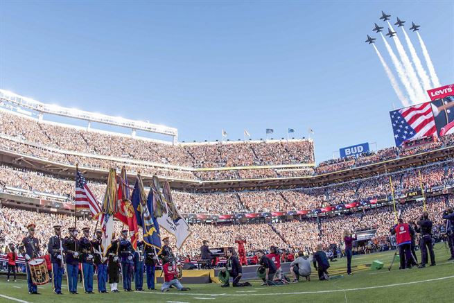 The Navy Blue Angels perform a flyover concluding the opening ceremony of Super Bowl 50 at Levi's Stadium in Santa Clara, Calif., Feb. 7, 2016. The Joint Armed Forces Choir performed during the opening ceremony and the Joint Armed Forces Color Guard presented the Colors. Army Photo by Spc. Brandon C. Dyer