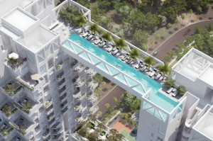 This sky pool is suspended between two towers, each 38 storeys high.