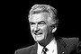 Australian Prime Minister Bob Hawke with wife, Hazel, at the Labor Party campaign launch and policy speech at the Sydney Opera House, 23 June 1987.
SMH Picture by RICK STEVENS
portrait, mid-shot, couple, Hazel Hawke, PM, politics, politician, ALP, waving, black and white, black & white, 1980s, eighties pms