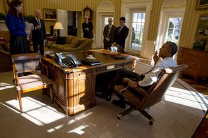 President Barack Obama meets with Vice President Joe Biden and other advisors in the Oval Office, Feb. 2, 2016.