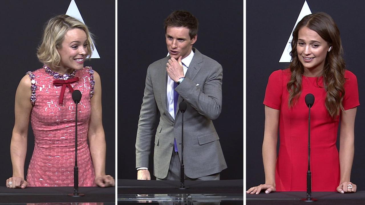 Rachel McAdams (left), Eddie Redmayne (center) and Alicia Vikander (right) attend the Oscars nominees luncheon at the Beverly Hilton hotel in Beverly Hills on Monday, Feb. 8, 2016.