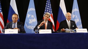 U.S. Secretary of State John Kerry, center, Russian Foreign Minister Sergey Lavrov, left, and UN Special Envoy for Syria Staffan de Mistura, right, arrive for a news conference after the International Syria Support Group (ISSG) meeting in Munich, Germany, Friday, Feb. 12, 2016. (AP Photo/Matthias Schrader)