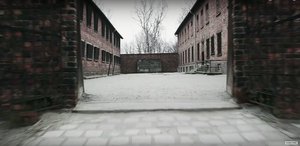 BBC News drone video of the courtyard between Buildings 10 and 11 at the Auschwitz-Birkenau concentration camp.