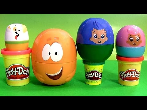 Play Doh BUBBLE GUPPIES SURPRISE EGGS Stacking Cups Pocoyo Disney Frozen HelloKitty Kinder PlayDough