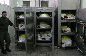  A morgue worker is seen as bodies are piled into the morgue fridge at the Beit Lahia hospital in the northern Gaza Strip 08 November 2006, following an Israeli military attack . WN (NOUR AHMED ) NA1 