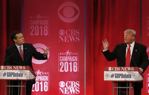 Republican presidential candidate, businessman Donald Trump, right, and Republican presidential candidate, Sen. Ted Cruz, R-Texas, speak at the same time during the CBS News Republican presidential debate at the Peace Center, Saturday, Feb. 13, 2016, in Greenville, S.C. (AP Photo/John Bazemore)