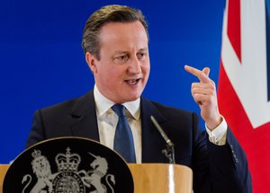 British Prime Minister David Cameron speaks during a final press conference at an EU summit in Brussels on Friday, Feb. 19, 2016.