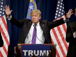 Republican presidential candidate Donald Trump speaks during a caucus night rally Tuesday, Feb. 23, 2016, in Las Vegas.