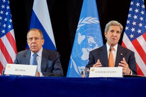 File - U.S. Secretary of State John Kerry, joined by Russian Foreign Minister Sergey Lavrov, addresses the media on February 12, 2016, at the Hilton Hotel join Munich, Germany, following a meeting of the International Syria Support Group.