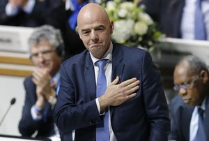 Newly elected FIFA President Gianni Infantino of Switzerland thanks the delegates after the second election round during the extraordinary FIFA congress in Zurich, Switzerland, Friday, Feb. 26, 2016.