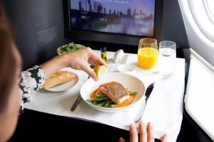 Traveller. Tasmania. Farm to Plate story by Ute Junker. Petuna trout served on Business class Virgin airlines . Photo by ...