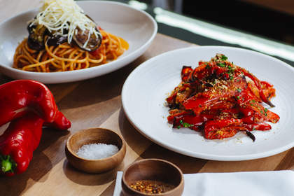 Rosa Mitchell's recipes for vegetarian pasta (a la norma) and roast capsicums with breadcrumbs.