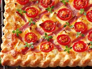 Supplied News Cheese, ham and cherry tomato tart