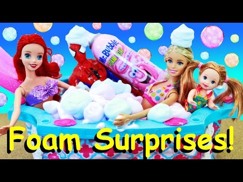 Barbie FOAM BATH Surprises in Giant Barbie Swimming Pool Mr Bubble Bath Surprise Toys DisneyCarToys