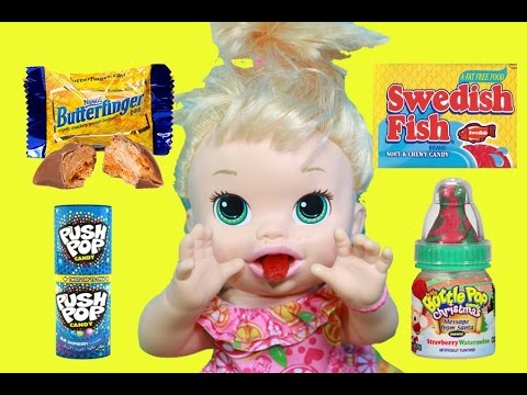 BABY ALIVE CANDY Eating CHALLENGE Doll vs Food + Butterfinger M&Ms Swedish Fish Push Pop Baby Eating