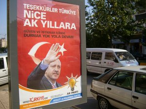 Party leader Erdogan on a poster thanking the people for the election results.