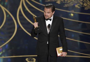 Leonardo DiCaprio accepts the award for best actor in a leading role for “The Revenant? at the Oscars on Sunday, Feb. 28, 2016, at the Dolby Theatre in Los Angeles.