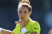 Good call: Eleni Glouftsis, the first female field umpire in an official AFL match.