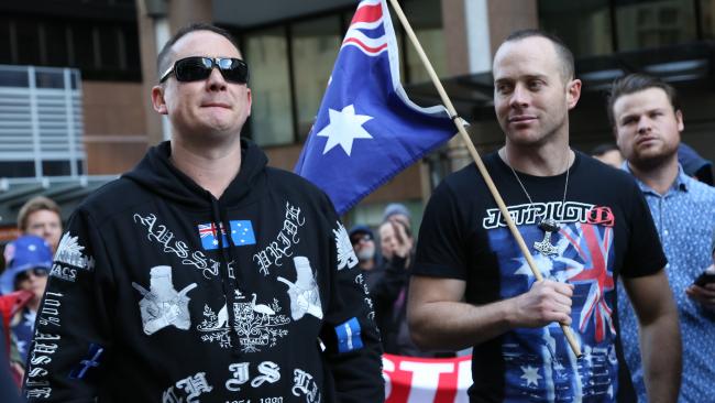 Shermon Burgess (r) and Ralph Cerminara (l) at the Reclaim Australia and No Room For Racism rallies in Sydney on July 19.