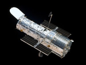 The Hubble Space Telescope as seen from the departing Space Shuttle Atlantis, flying STS-125, HST Servicing Mission 4.