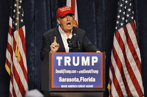 Donald Trump, an aspiring Republican presidential candidate, on the campaign trail at Robarts Arena, Saturday 28 November, 2015, in Sarasota, Florida.