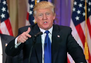 In this March 1, 2016, photo, Republican presidential candidate Donald Trump speaks on Super Tuesday primary election night at the White and Gold Ballroom at The Mar-A-Lago Club in Palm Beach, Fla.